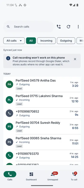 The Calls tab with matched leads and temperatures
