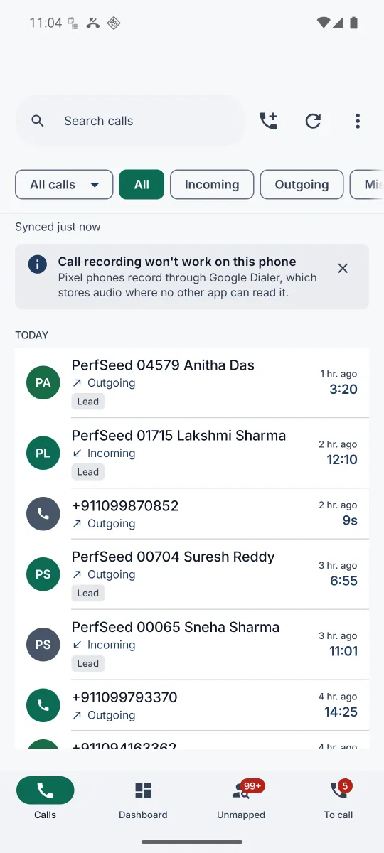 The app Calls tab with the search box, the Log a call and sync buttons in the top bar, the All calls view chip and filter chips, last sync time, a notice about recording, and call rows showing matched names and record-type badges