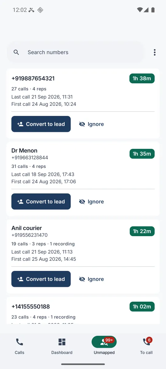 The app Unmapped tab showing unknown numbers grouped with talk time and Convert to lead buttons