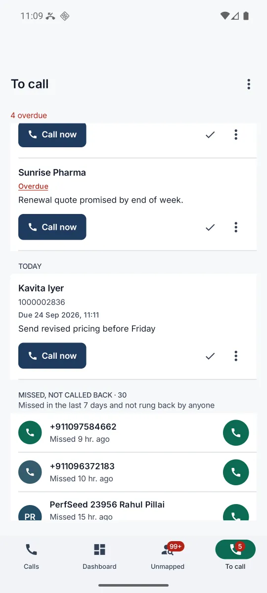 The app To call tab showing an overdue callback, today's callback for Kavita Iyer with a Call now button, and the start of the Missed, not called back list with call buttons