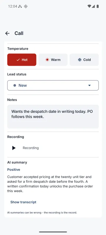 A call's recording and AI summary in the app