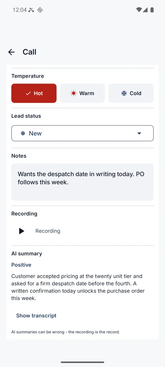 The lower half of the app call detail showing the temperature, the Lead status menu, the note, the recording player and the AI summary with sentiment and a Show transcript link