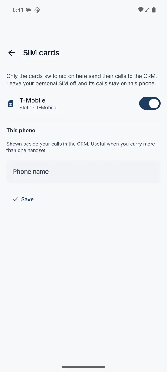 The app SIM cards screen with a per-card sync toggle and a field to name this phone