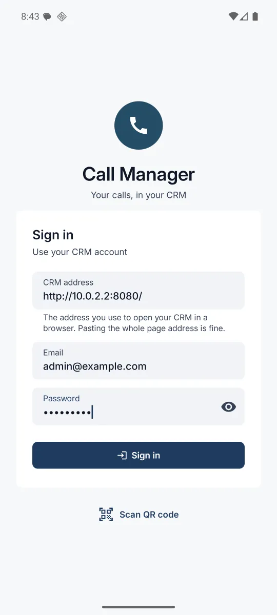 The app sign-in screen with the CRM address, email and password filled in