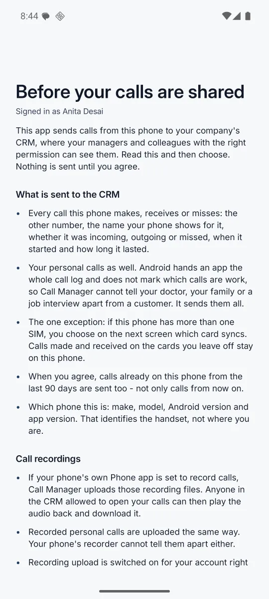 The consent screen, headed Before your calls are shared, listing what is sent to the CRM