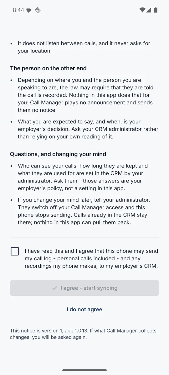 The bottom of the consent screen with the agreement checkbox and the I do not agree option