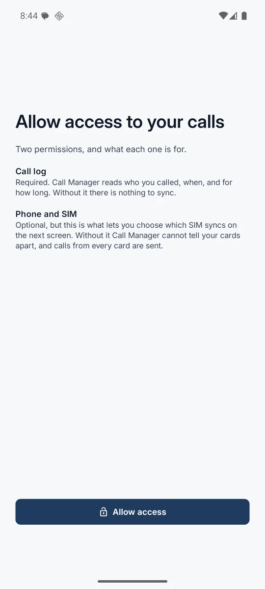 The permissions screen explaining the call log and phone and SIM permissions