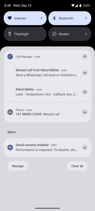 The post-call notification after a missed call