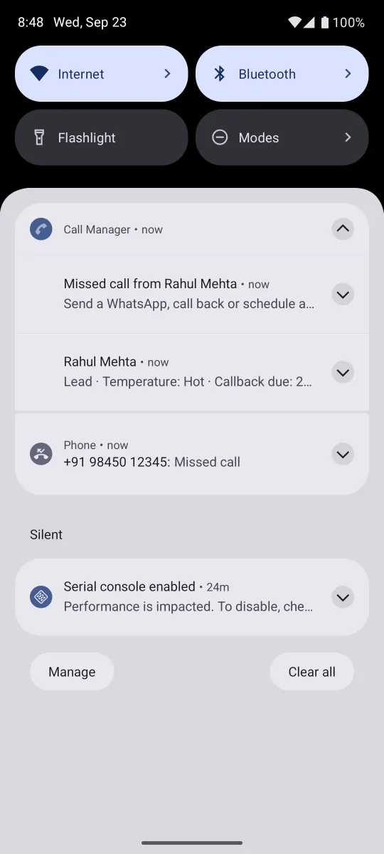 The Android notification shade showing a Call Manager notification reading Missed call from Rahul Mehta, Send a WhatsApp, call back or schedule, and a second one showing the lead's temperature and callback due date