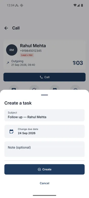 Creating a Perfex task from a call