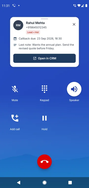 The caller card during a call, showing the lead, a callback and the last note