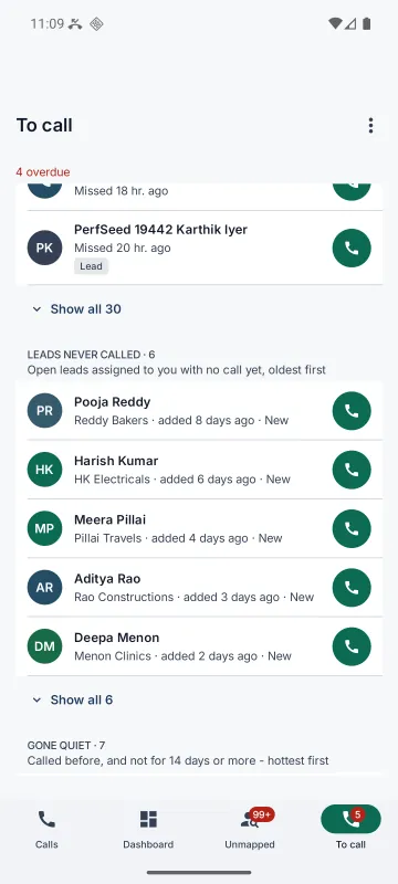 The To call tab listing leads never called