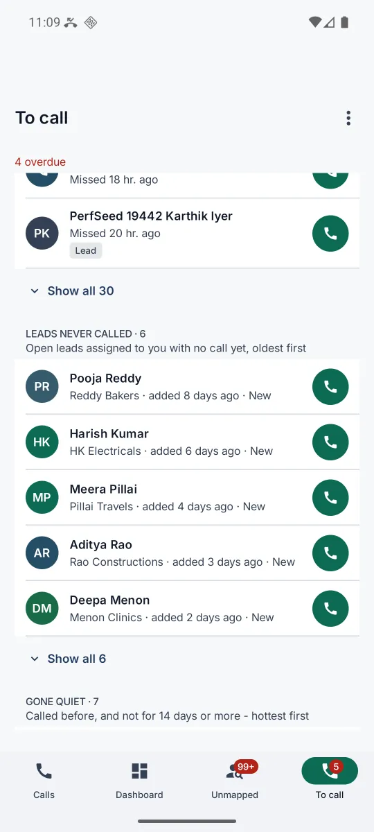 The To call tab showing the end of the missed calls list, Show all 30, and the Leads never called list with five leads, their companies, how many days ago each was added and their status