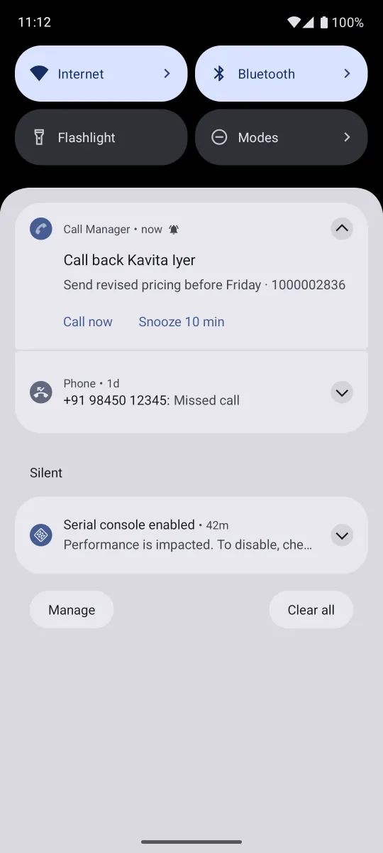 An Android notification from Call Manager reading Call back Kavita Iyer, with the note Send revised pricing before Friday, the number, and Call now and Snooze 10 min buttons