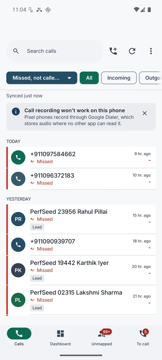 The app's call list with the Missed, not called back view on, listing missed calls in red, newest first