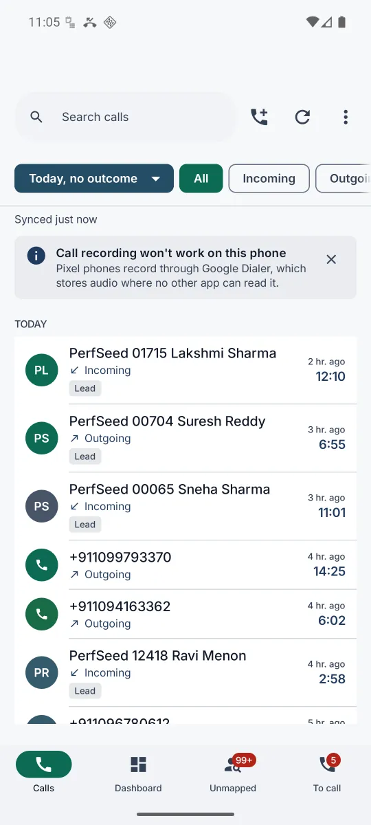 The app's call list with the Today, no outcome view on, listing today's conversations that have no outcome yet