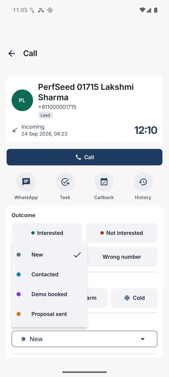 The app call detail for a lead with the Lead status menu open, listing New with a tick, Contacted, Demo booked and Proposal sent, each with its colour dot