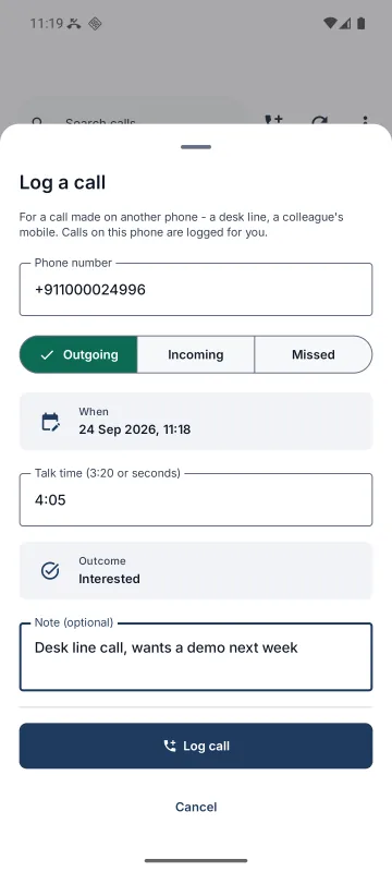 Logging a call from the phone