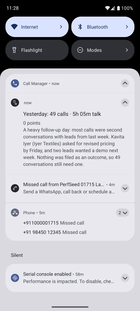An Android notification reading Yesterday: 49 calls and 5h 05m talk, 0 points, followed by the AI paragraph about the day