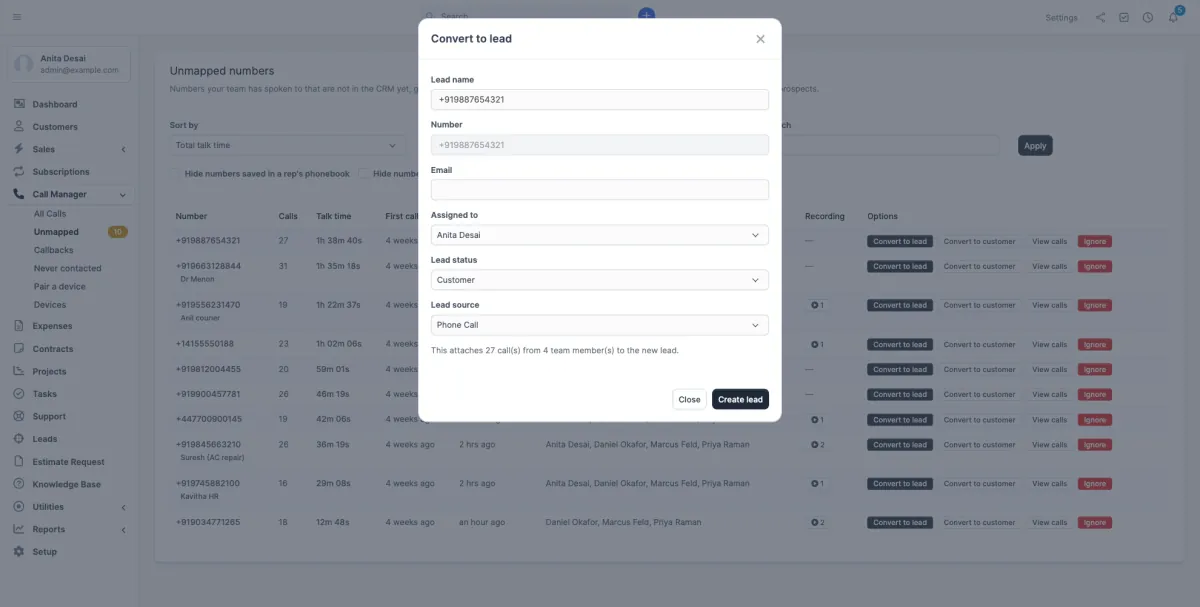 The Convert to lead dialog, prefilled with the number, with fields for name, email, assignee, status and source, and a line saying how many calls will be attached