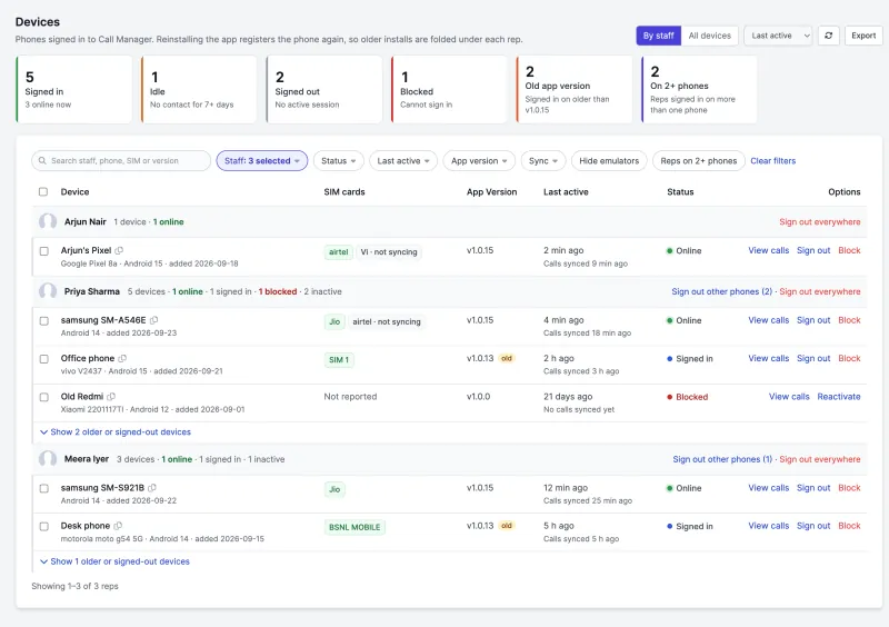 The Devices page listing phones by rep with status and app version