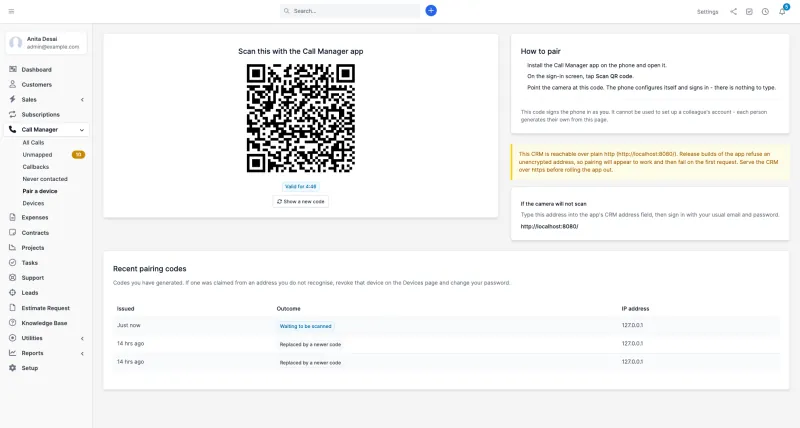 Pairing a phone with a QR code in Perfex CRM