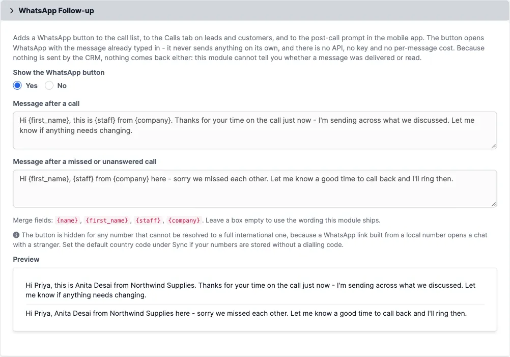 The WhatsApp follow-up settings with two message templates, merge field help, and a live preview of both messages