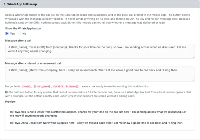 WhatsApp template settings