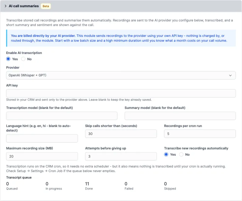 AI call summary settings with provider, API key and cost controls