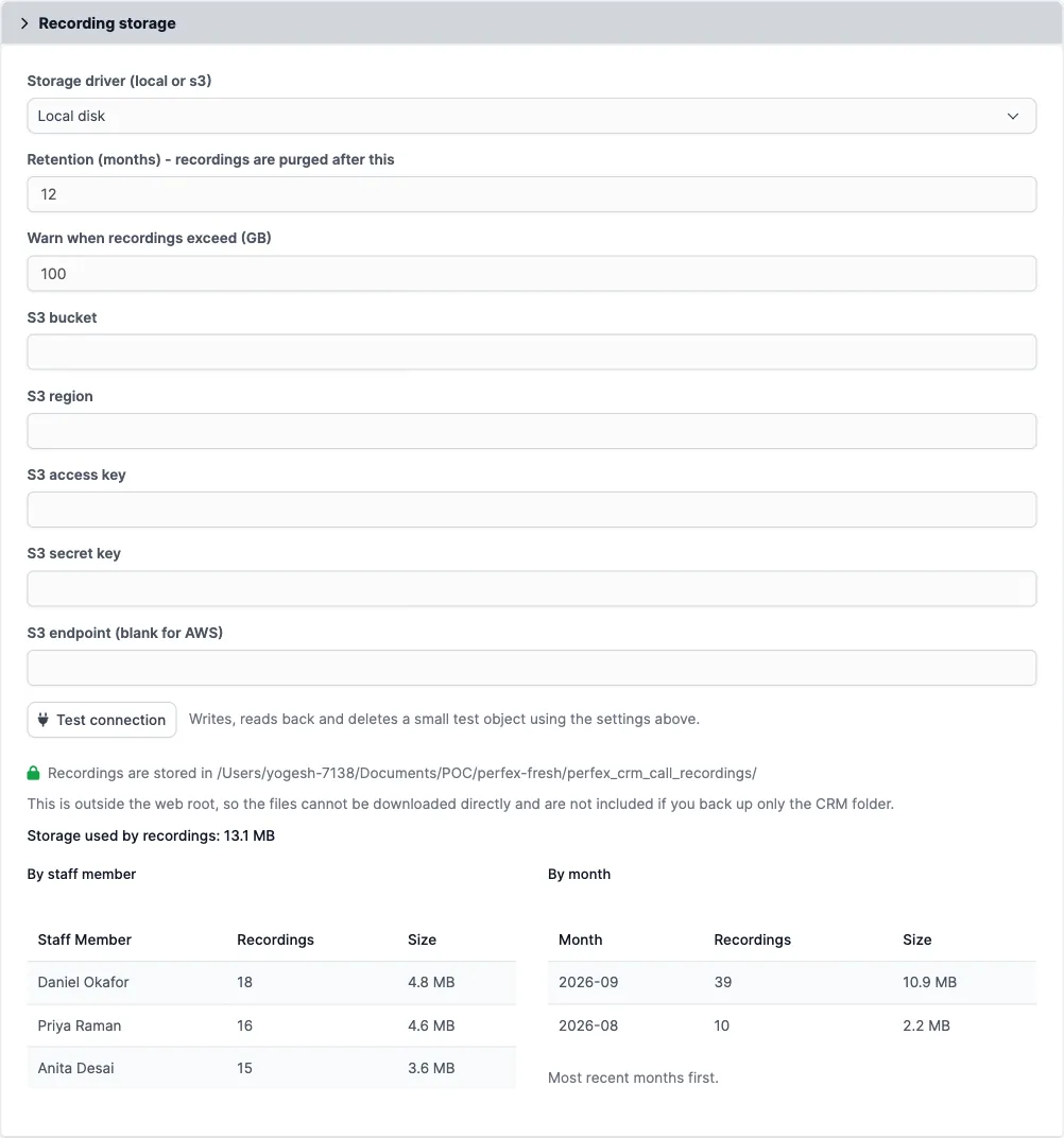 The Recording storage settings with driver, retention, warning threshold, S3 fields, a test connection button, the storage location, and tables of storage used by staff member and by month