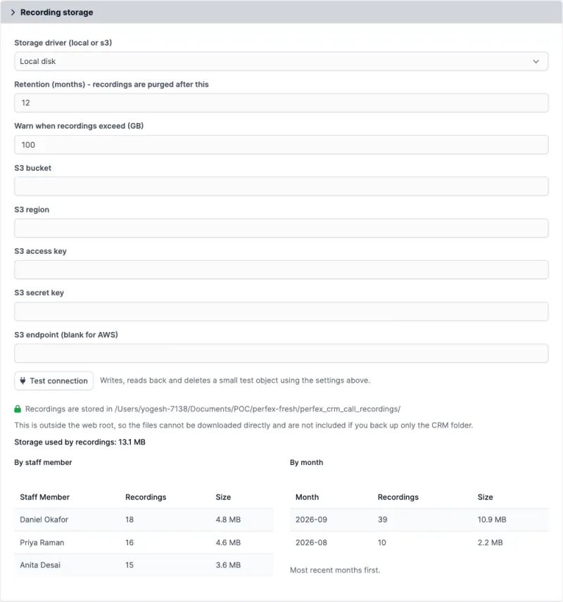 Recording storage settings with local and S3 options and usage by rep