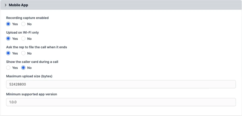 The Mobile App settings section with recording capture, Wi-Fi only upload, maximum upload size and minimum supported app version