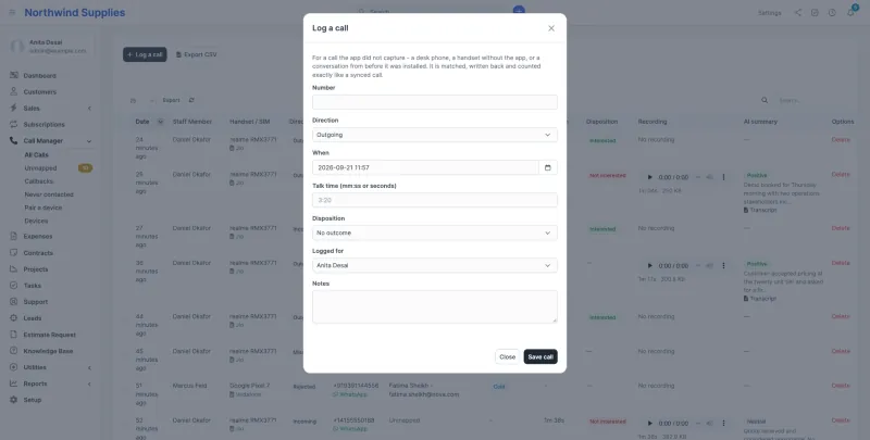 Logging a call by hand
