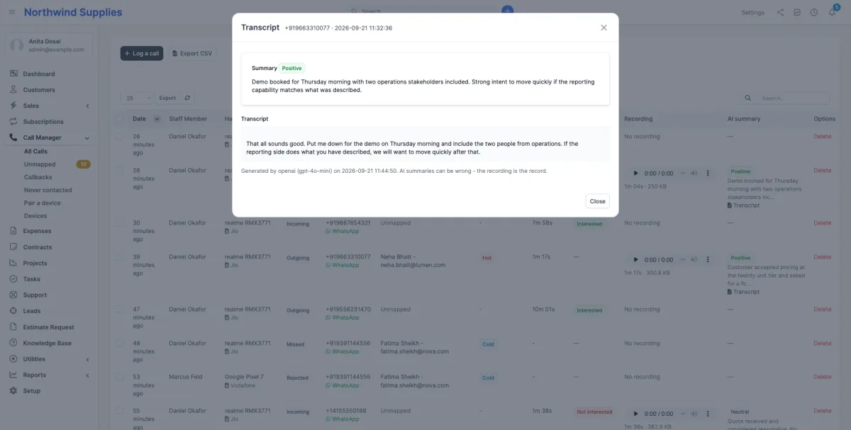 The transcript dialog showing a positive sentiment badge, a summary paragraph, the full transcript, and a note that AI summaries can be wrong