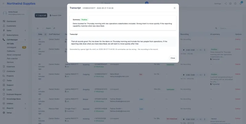 An AI call summary with sentiment and the full transcript in Perfex CRM