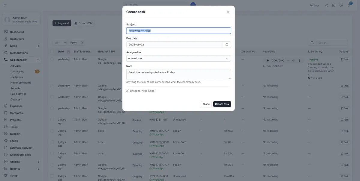 The Create task dialog opened from a call row, with the subject, due date and assignee already filled in