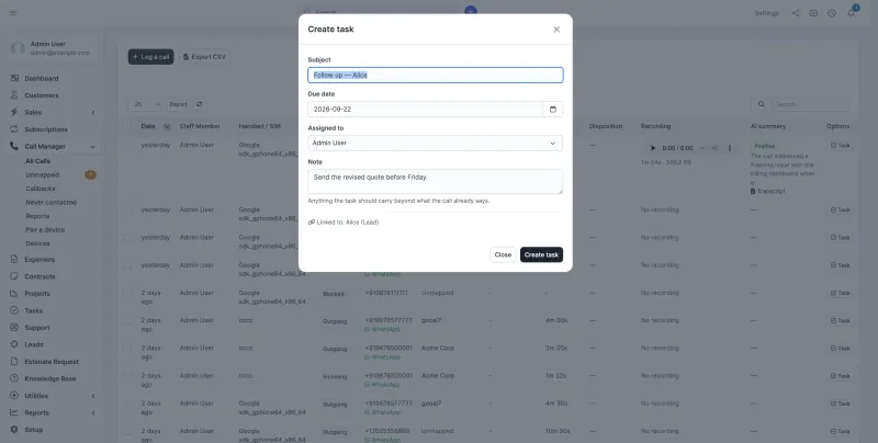 Creating a Perfex task from a call