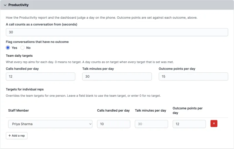 Productivity and target settings