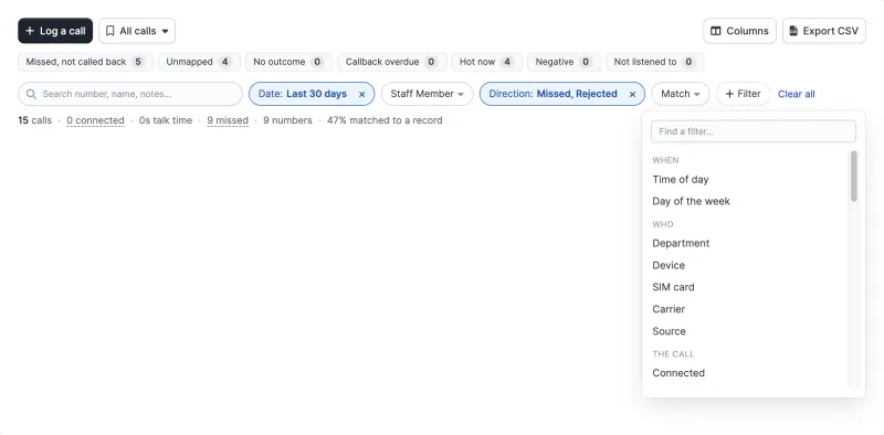 The All Calls filter bar with filter chips and a result summary
