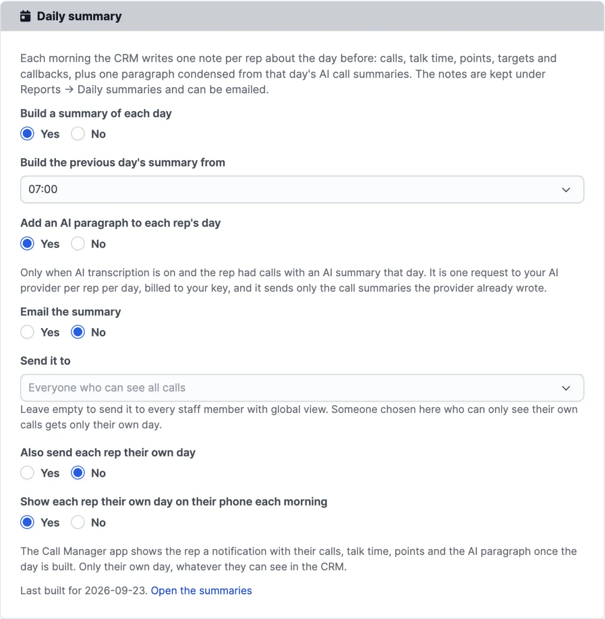 The Daily summary settings section: build a summary of each day, the hour it is built from, the AI paragraph, email the summary, who to send it to, also send each rep their own day, and show each rep their own day on their phone each morning, with the line saying the day last built